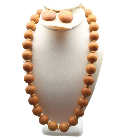 Vintage 1970s Pakula Wooden Beaded Necklace & Stud Earrings Set - Picture 1 of 2